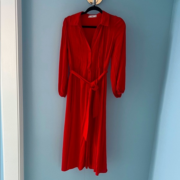 Mango Vibrant Red Long Sleeve Dress with Sash, XS - Picture 1 of 6